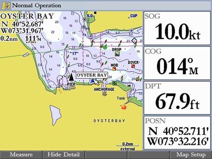 When using the GPSMAP 3006C/3010C with the optional BlueChart data or MapSource maps, the map display shows your boat on a digital chart, complete with geographic names, map items, navaids, and other