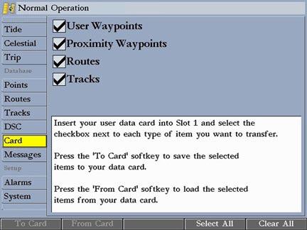 Card Tab Use the Card tab to transfer waypoints, routes, and tracks to and from a data card.