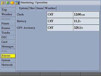The Alarms tab is divided into four sub tabs: System, Nav, and Sonar. If you have a GDL 30/30A Marine Weather Satellite Receiver connected, the Weather sub tab is visible.