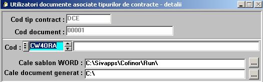 Pentru a accesa această fereastră se selectează tabpage-ul Documente (din Fereastra Configurare tipuri contracte ) si se pozitionează cursorul mouse-ului in campul cod si se actionează butonul