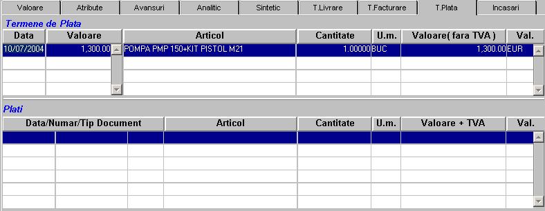 În figura ce urmează, se poate observa un exemplu construit pentru contractul de Achizitii instalatii: - in cadrul termenului de livrare, scadent la 10/06/2004, pentru o POMPA PMP 150+KIT PISTOL M21