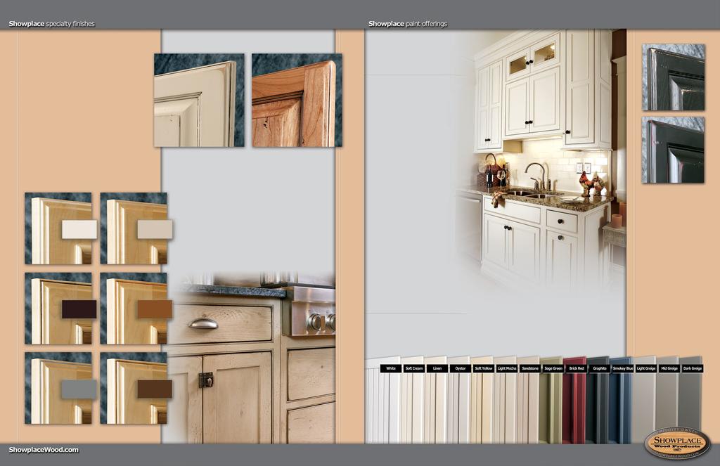Showplace glazed finishes (below) highlight detail and create a subtle impression of aging.