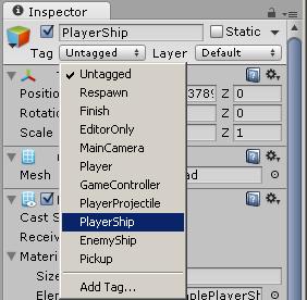 Locate and select the player game object then review the Inspector window. In the Tag list box, select the new player ship tag name.