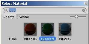 Set the material of the Mesh Renderer component in the Inspector window: Expand the Materials tab and select the radio button next to Element 0 In the dialog box select the pupscore materials.