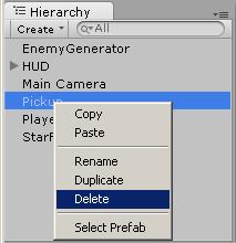 Delete the pickup object from the Hierarchy window. From here on out that object will be added to the game dynamically during gameplay, so it doesn't need to remain in the hierarchy.