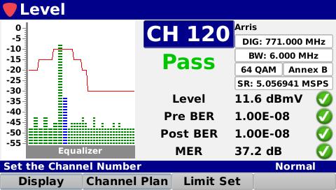 QAM channel Shows the level, MER and BER and provides Pass/Fail results for limit
