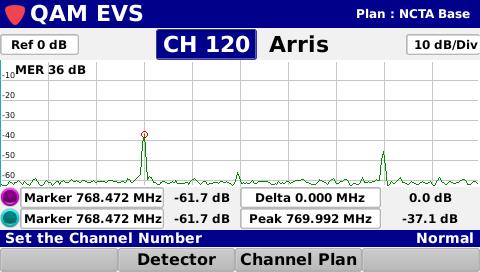 QAM Error Vector Spectrum (EVS) Analysis Tune to downstream QAM channels to display Error Vector