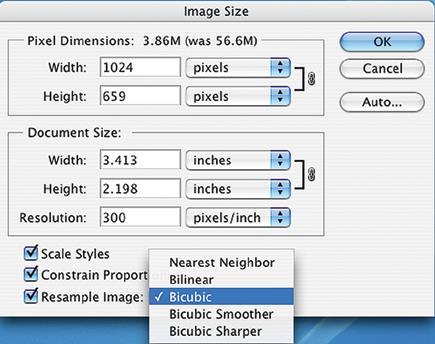 1. Ignore the Resolution: pixels per inch. The resolution has already been established, above, and this setting used mainly for output to a printer. 2. Check Sharpen for Screen.