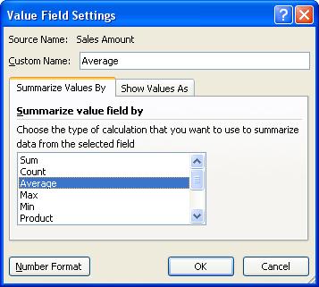Figura 34 - Fereastra de dialog Value Field Settings; aici cu modul de sumarizare schimbat în Average Observaţie: Existenţa unei singure celule goale într-un câmp forţează Excel să numere în loc să
