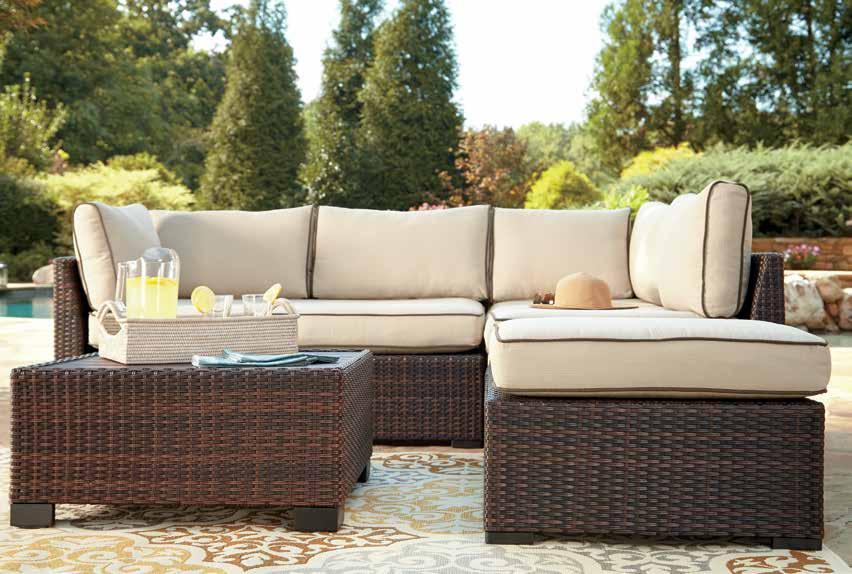 The seating collection can accommodate five people, and includes ottoman and coffee table.