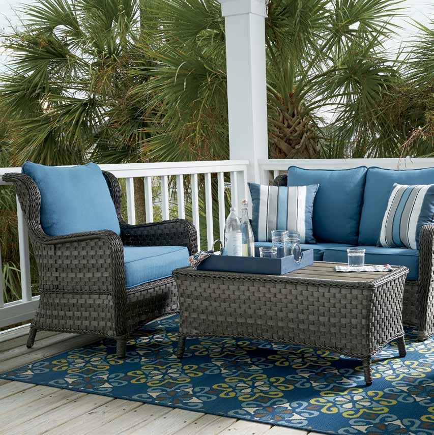 ABBOTS COURT COLLECTION Rust free aluminum with resin wicker. Durable Nuvella solution dyed polyester fabric. Loveseat glider includes two throw pillows.