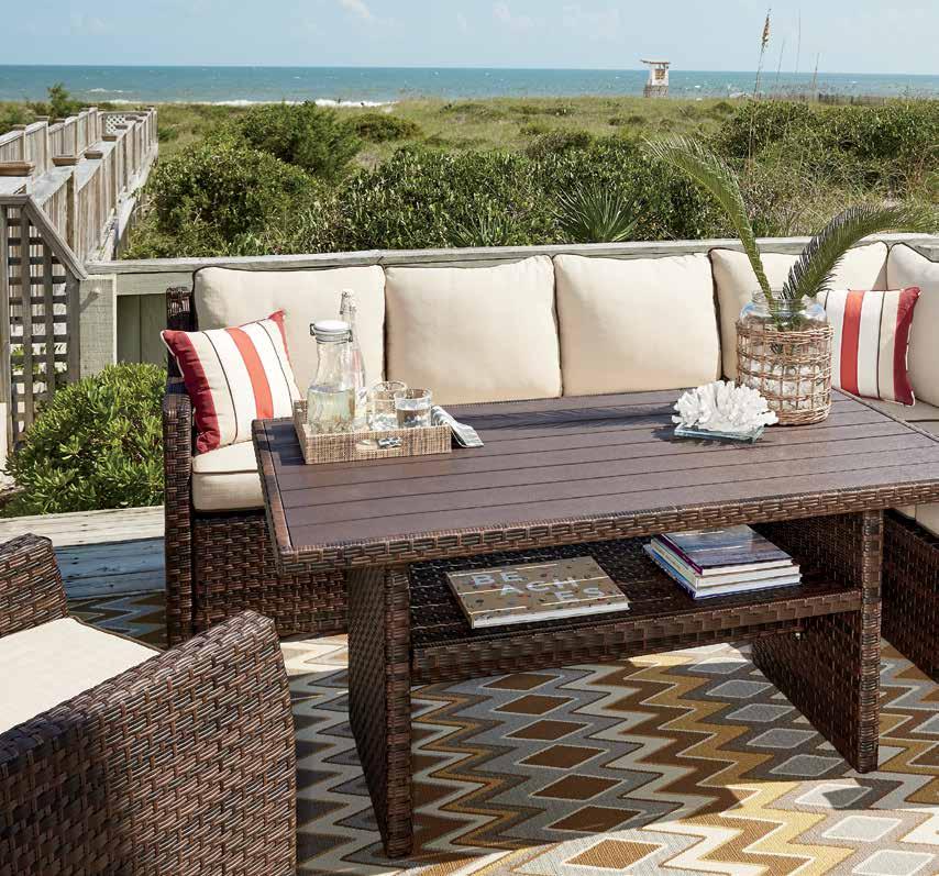 SALCEDA COLLECTION Rust free aluminum frames with resin wicker. Durable Nuvella solution dyed polyester fabric. 3 striped throw pillows included. Wood look resin multi-functional table.