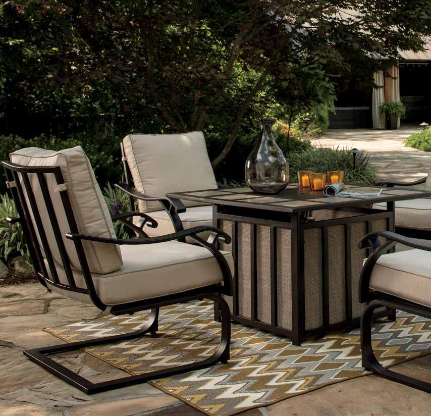 WANDON COLLECTION Rust free aluminum with durable Nuvella solution dyed polyester fabric. Lounge chairs have spring action and are reinforced with steel rods for extra strength.