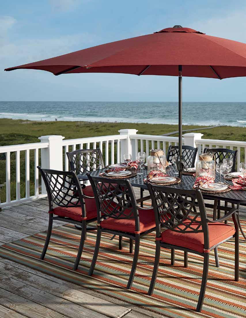 TANGLEVALE COLLECTION Rust free cast aluminum. Chairs include cast seats and dining chairs are stackable.fabric is solution dyed Nuvella polyester. 7pc.