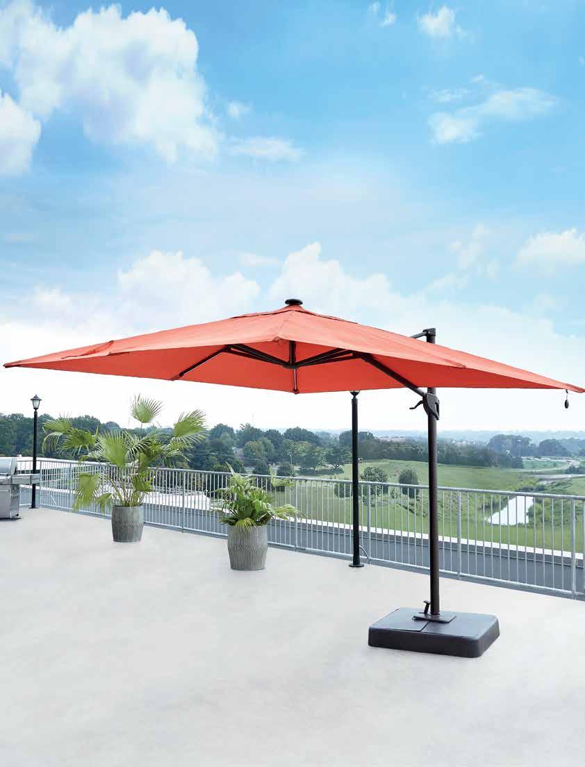 UMBRELLAS OAKENGROVE CORAL 10FT SQUARE LARGE CANTILEVER UMBRELLA P017-990 Aluminum frame and pole. LED lights with on/off switch. Multiple vertical positions.
