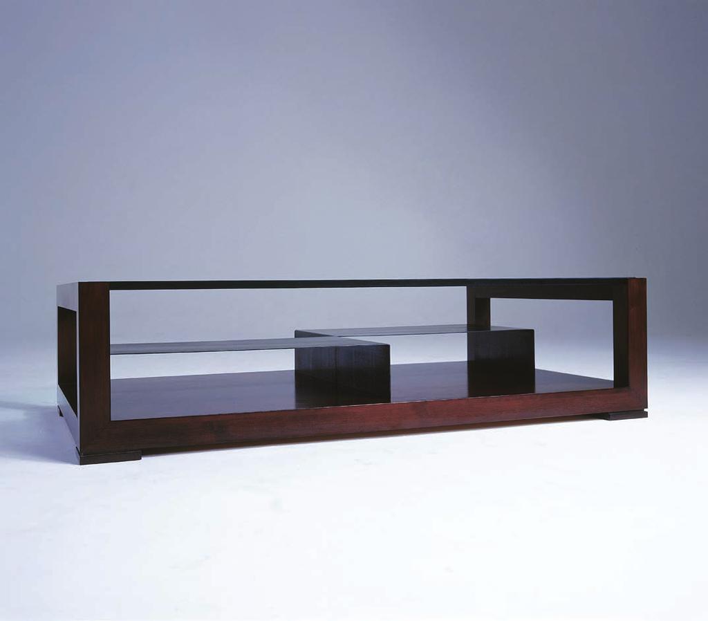 CHECKMATE COFFEE TABLE CHECKMATE COFFEE TABLE Wood table with two moveable tiers that hover beneath 3/4 thick glass top.