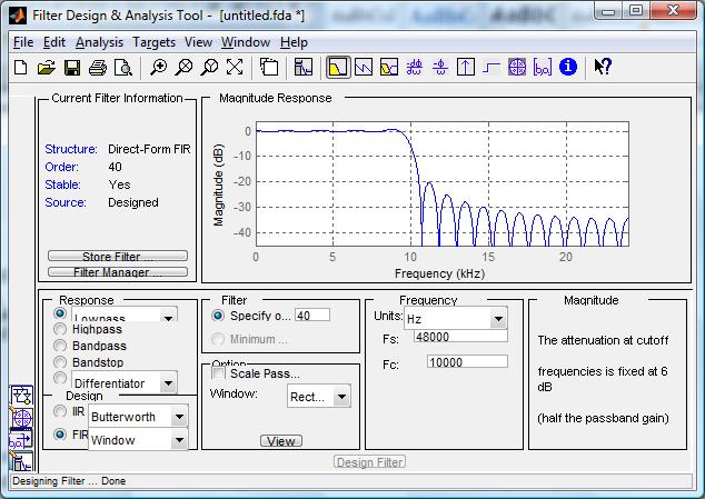 Figure 1: FDAT FIR Filter Design Exercise 8: Exporting the Filter Coefficients to MATLAB and Computing a Response 1. Click on the magnitude response graph at 5kHz and at 15 khz.