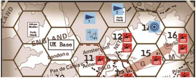 I advance my Mission #1 counter to the first hex on the path. Because the Response level is High, the Luftwaffe Squadrons in hexes 11 and 12 (3 total squadrons) will attack the group this turn.