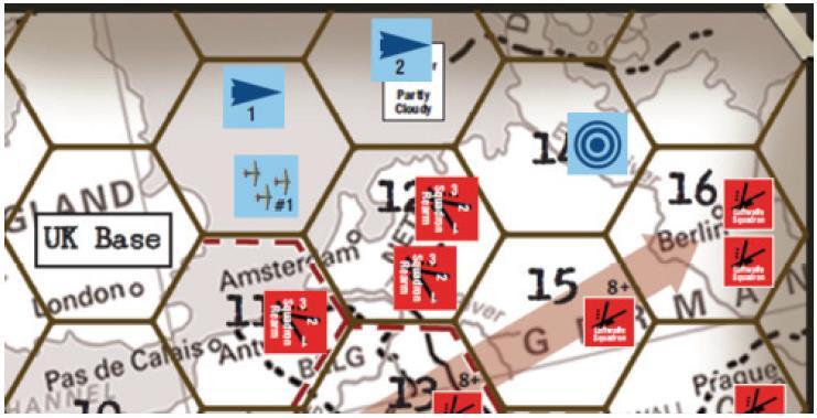 I advance My Mission counter to the second hex. There are no active Luftwaffe Squadrons in the current or adjacent hexes, so no attacks this turn.