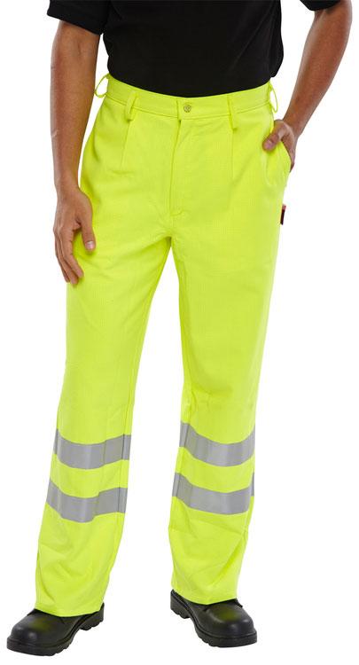 1+2 A1+ A2 EN1149-5: 2008 EN1149-3: 2004 Charge decay FIRE RETARDANT HI-VIS ANTI STATIC TROUSERS CFRPHVASTR 30-42 Protex cotton high visibility trousers with 2% anti static woven grid 270gsm fabric 2