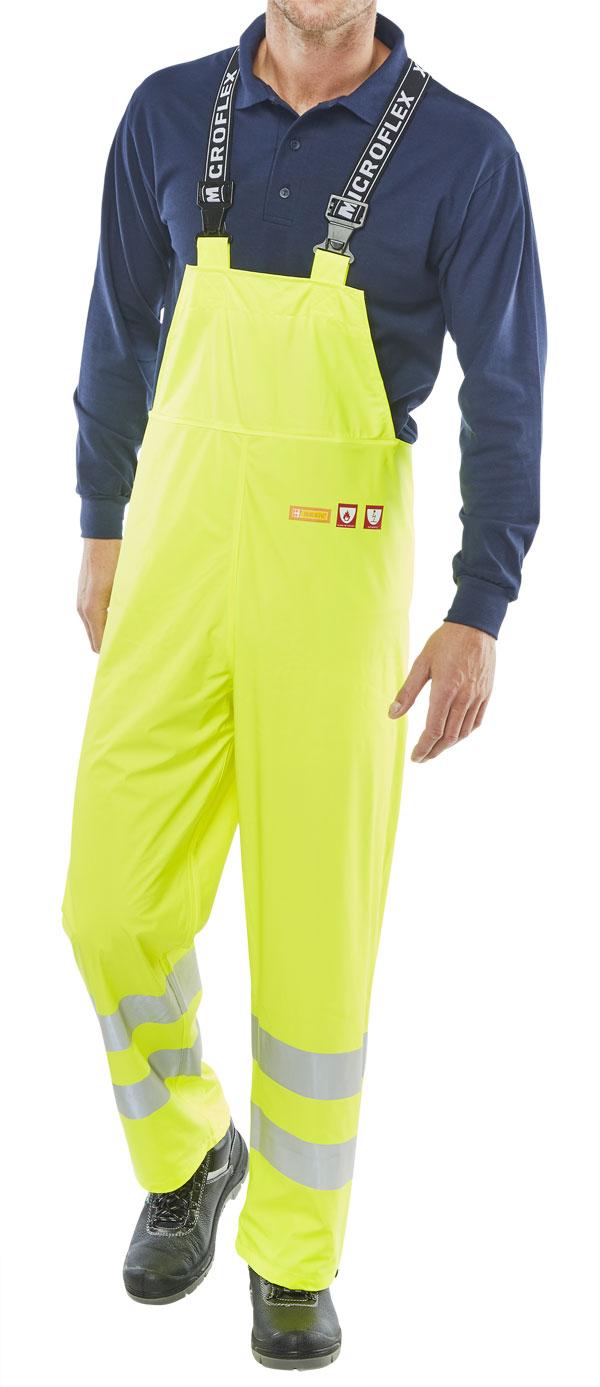 FIRE RETARDANT ANTI-STATIC BIB Flame retardant, anti static, hi visibility bib and brace High frequency welded seams Elasticated shoulder straps with buckles Press stud adjustments by the ankles