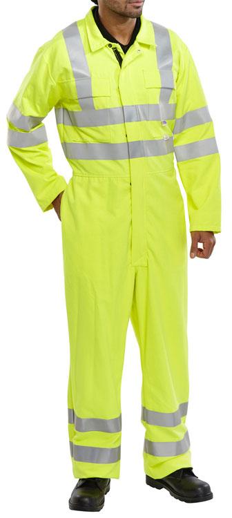 FIRE RETARDANT HI-VIS ANTI STATIC BOILERSUIT CFRPHVASBS S - 3XL CFRPHVASBS 290gsm Fabric Protex cotton high visibility coverall with 2% anti static woven grid 2 Vertical side access hip pockets 2
