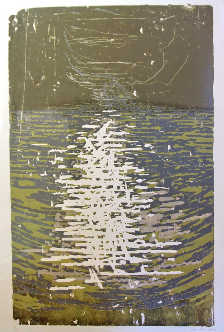 Lake Memory 1, woodcut, edition of 4, image size: 88 x 57 cm, paper size: 102 x 76 cm, 1995 Information from Gary Shinfield A found piece of distressed plywood with cuts and gouge marks already in