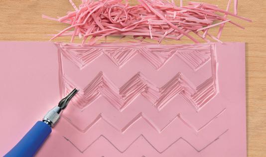 Shapes can be cut with school scissors. Carve fine lines with linoleum cutters.