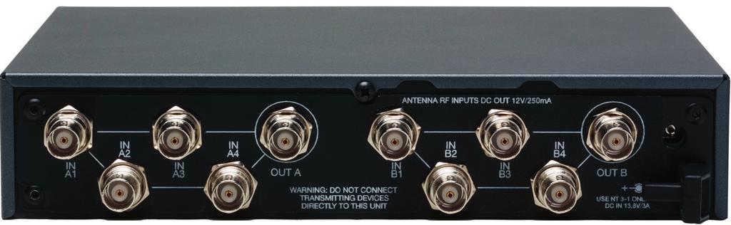 Operating controls Rear side IN A1 to IN A4 / IN B1 to IN B4: 2 x 4 identical antenna inputs IN A1 to IN A4 / IN B1 to IN B4: 2 channels (A, B) with 4 BNC sockets for connecting active or passive