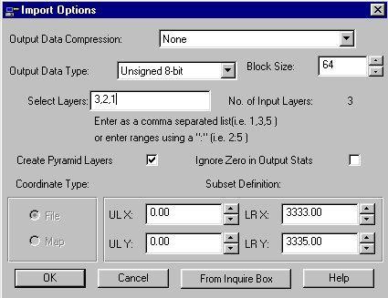 9. In the Import Options dialog, type 3,2,1 in the Select Layers: selection box.