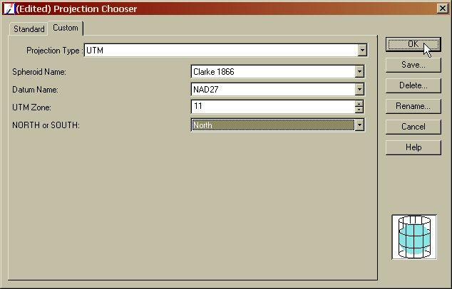 8. Click the CUSTOM tab on the Projection Chooser dialog. Select the projection information that is consistent with your reference source image (see next step). 9.