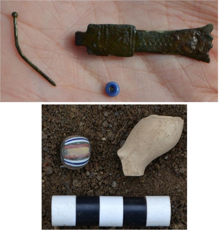 Figure 5a: (above) Straight pin, brass book clasp and blue seed bead; Figure 5b: (below) large melon bead and mid seventeenth-century pipe bowl.