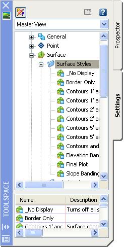 Toolspace Settings Tab Overview The Settings tab manages a greater variety of AutoCAD Civil 3D components: styles (both object and label), label and command default settings, and overall drafting