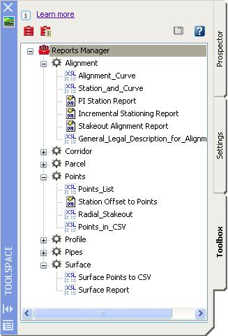 Toolspace Toolbox Tab Overview The Toolbox tab enables you to access the Reports Manager and to add custom tools. The Toolbox can be turned on and off using the same menu command.