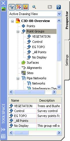 Toolspace Prospector Tab Overview The AutoCAD Civil 3D Toolspace provides an object-oriented view of your engineering data.