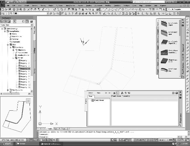2 Chapter 1 Getting Dirty: The Basics of Civil 3D Figure 1.1 Civil 3D in a typical environment. Toolspace is docked on the left, and Panorama and Tool Palettes float over the drawing window.