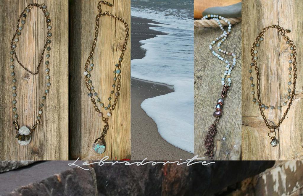 A B C D A NANDA boho necklace Labradorite rosary & brass chain Ocean jasper, labradorite pendant. Multi-wrap option. 36 USA B3007 srp $70 B CEDAR rustic necklace Labradorite rosary & brass chain.