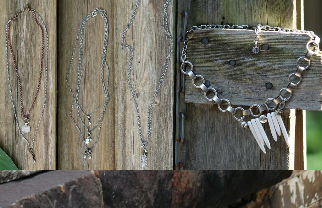 A B C D A STELLA rustic necklace B ALLIE classic necklace Stainless steel rolo and copper double Trio of stainless steel rolo chain, rolo chain vintage coin charm, Charm accent bling and inspire drop