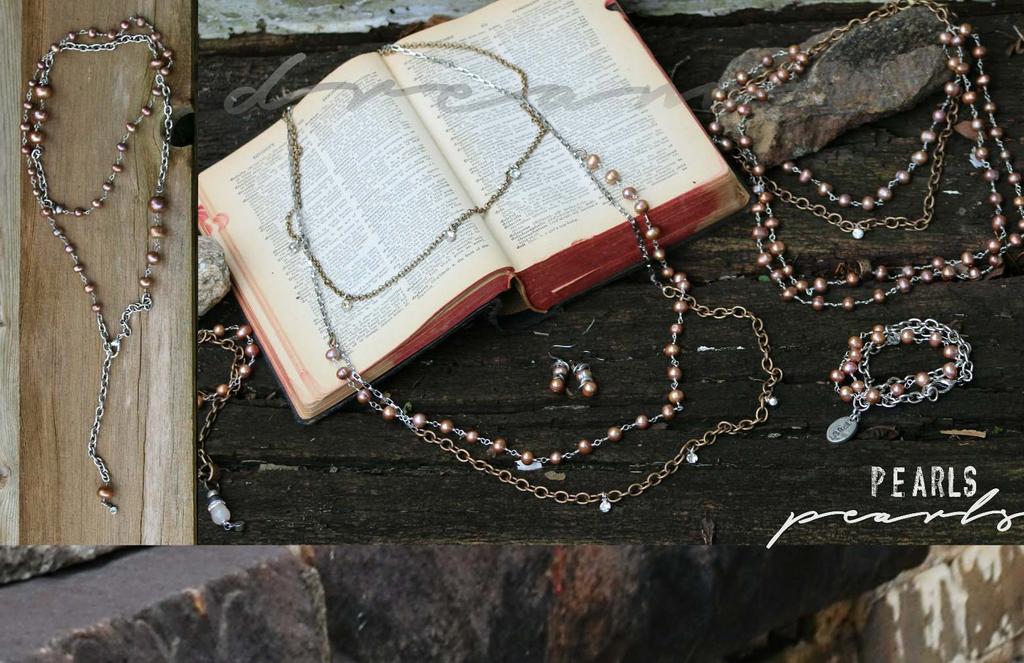 A C B A LILA boho necklace Steel chain, mocha pearl rosary chain, pearls.