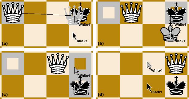 If the move is legal, and if no other piece of the same colour is on the square, the move succeeds and is broadcast to all clients; at this point, the original piece also moves to the new square