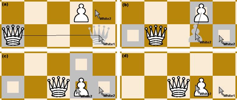 A game ends when one of the kings is taken by an opposing piece; after a pause of a few seconds, a new game starts automatically and play starts again. Figure 2.
