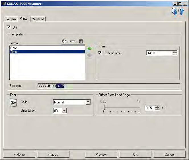 Device - Printer tab The printer provides a vertical print capability and supports alphanumeric characters, date, time, document count and a custom message.