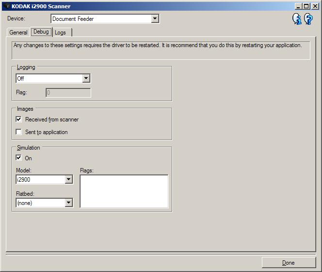 Diagnostics - Debug tab The Debug tab allows you to turn on options that allow support personnel to diagnose any issues you may encounter with using your scanner.