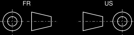 SYMBOLS FOR THIRD ANGLE (RIGHT)OR FIRST ANGLE (LEFT). First angle projection is the ISO standard and is primarily used in Europe.