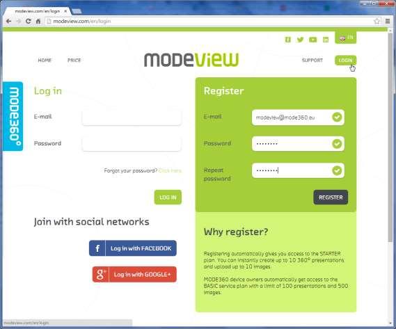 4.1 User login and registration Link to the registration: http://modeview.