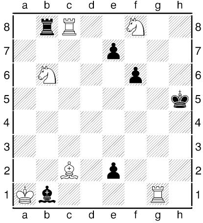 White to Play and Mate in 5 White to Play and Mate in 4 1. Rc3 Ra8+ 2. Nxa8 e1=q 3. Rh3+ Qh4 4. Bd1+ Kh6 5. Rxh4# 1. Qh7 Bd5+ 2. Kd7 Be6+ 3. Kd8 Bf7 4. Bb4# Score: 2.454 Score: 2.