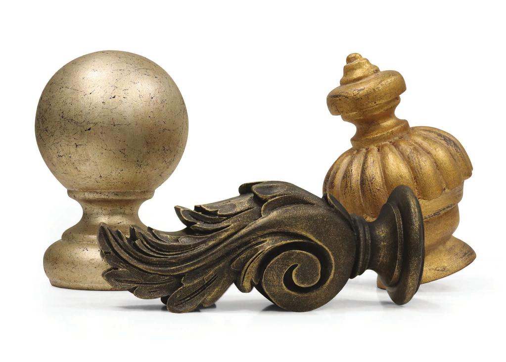 FINIALS B C A A. WOOD BALL Shimmer Shown. Available in: 1⅜", 2", 3". B. ICARUS Black Gold Shown.