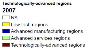 periphery). It is also striking how few European regions can be counted as «technologically-advanced», i.e. those regions with a high level of industries in medium/high tech manufacturing and knowledge-intense services.
