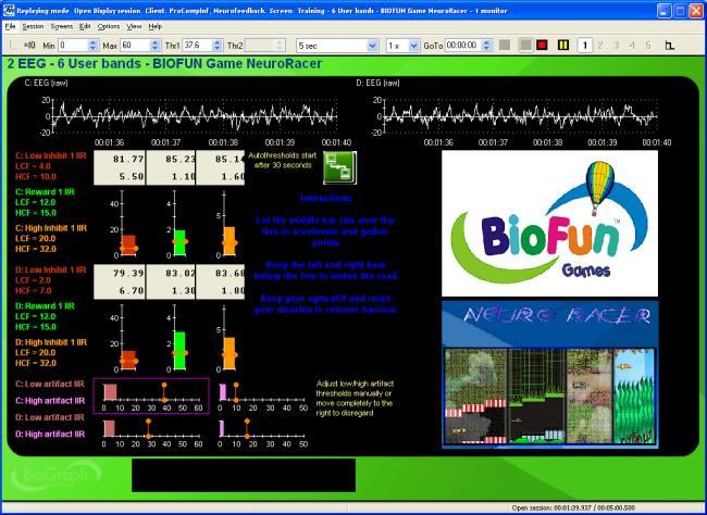 Open Display 2 EEG Screens: User Bands Training - 6 User bands - BIOFUN Game NeuroRacer - 1 monitor: Let the middle bar rise over the line to accelerate and gather points.