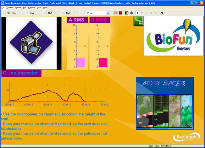 Range of Motion Training ROMT ROM Training with BIOFUN Game MyoRacer, 1 Inclinometer and 2 EMG (Screen: Control Training - BIOFUN Game MyoRacer with 1 inclinometer and 2 EMG)